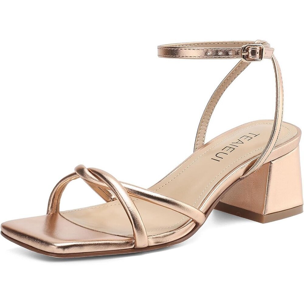 Women's Open Square Toe Chunky Block Sandals Chic Strappy Heels Gold Shoes